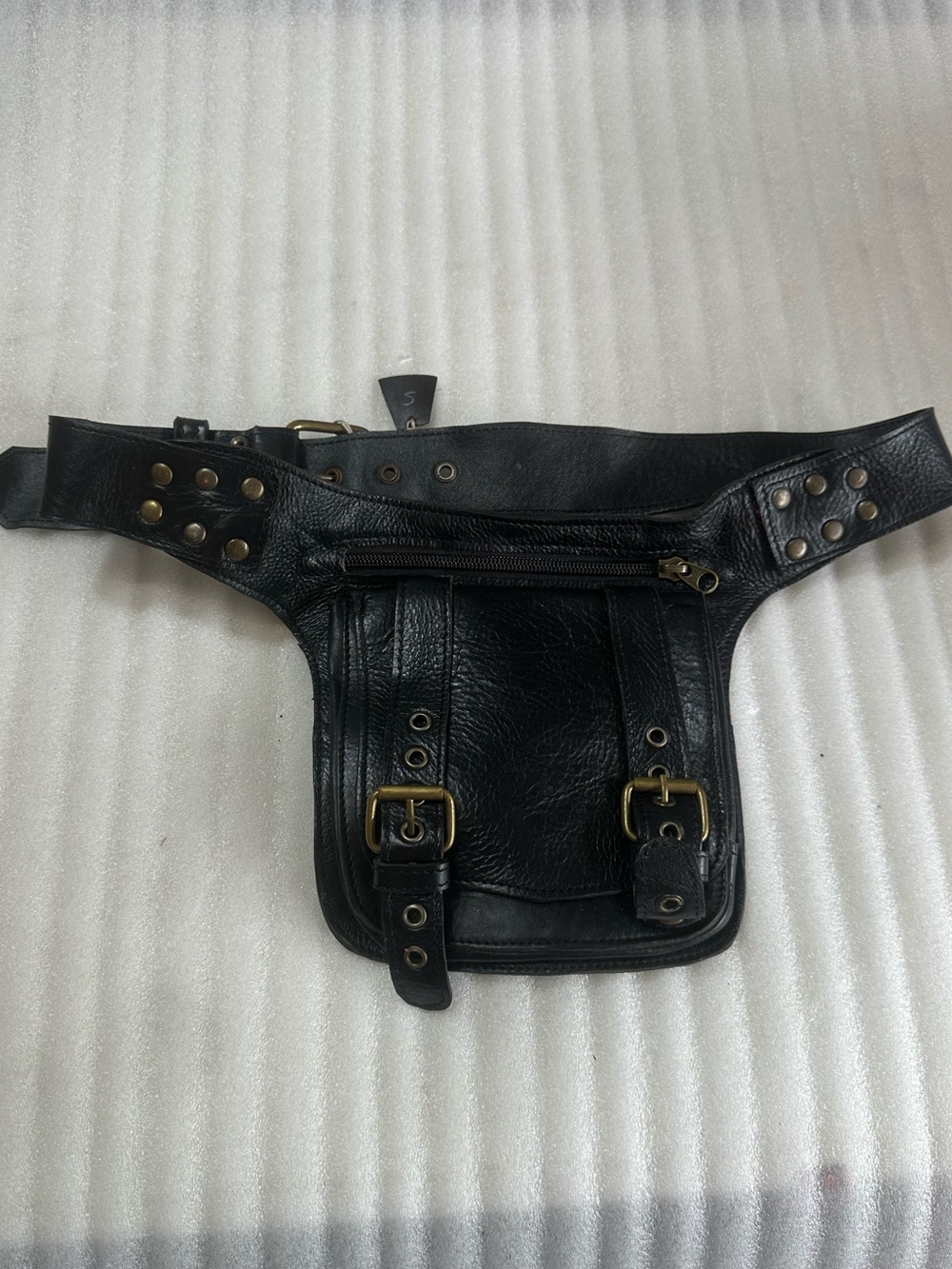 Men's Black Leather Belt Bag with Brass Buckle Accents